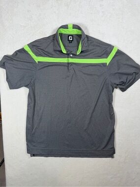 FootJoy FJ Large Pebble Beach Golf Links Gray Polo with Lime Green Stripe